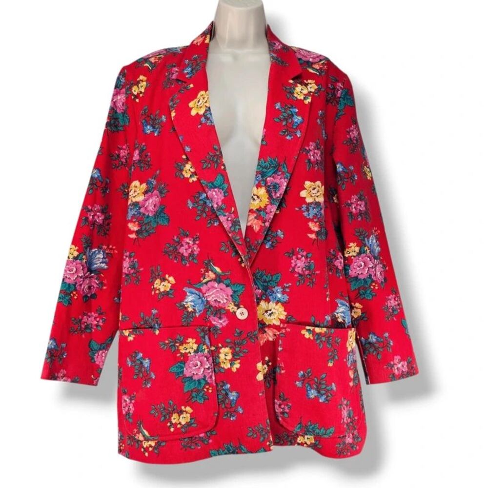 Vintage Anna Laura Floral Cotton Blazer Size 6 Made in USA Red Country Garden